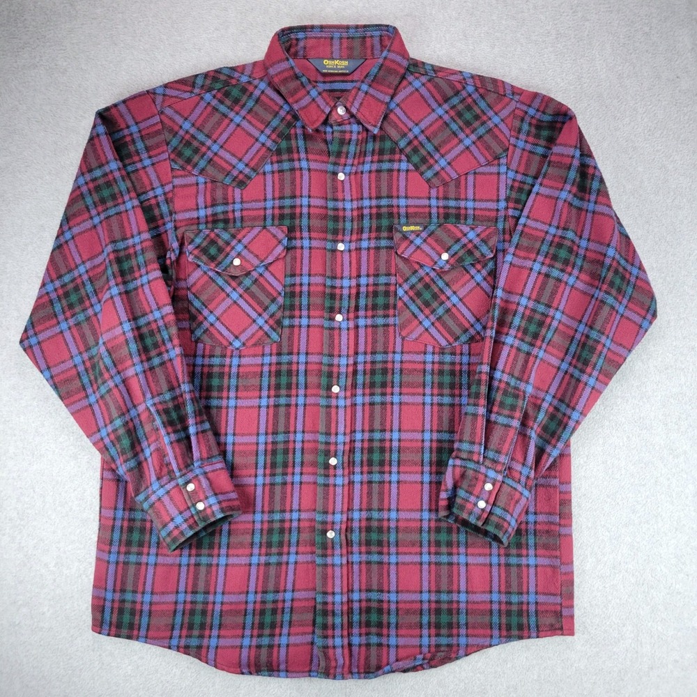 OshKosh B'gosh Western Flannel Shirt Mens XL Burgundy Blue Plaid Pearl Snap